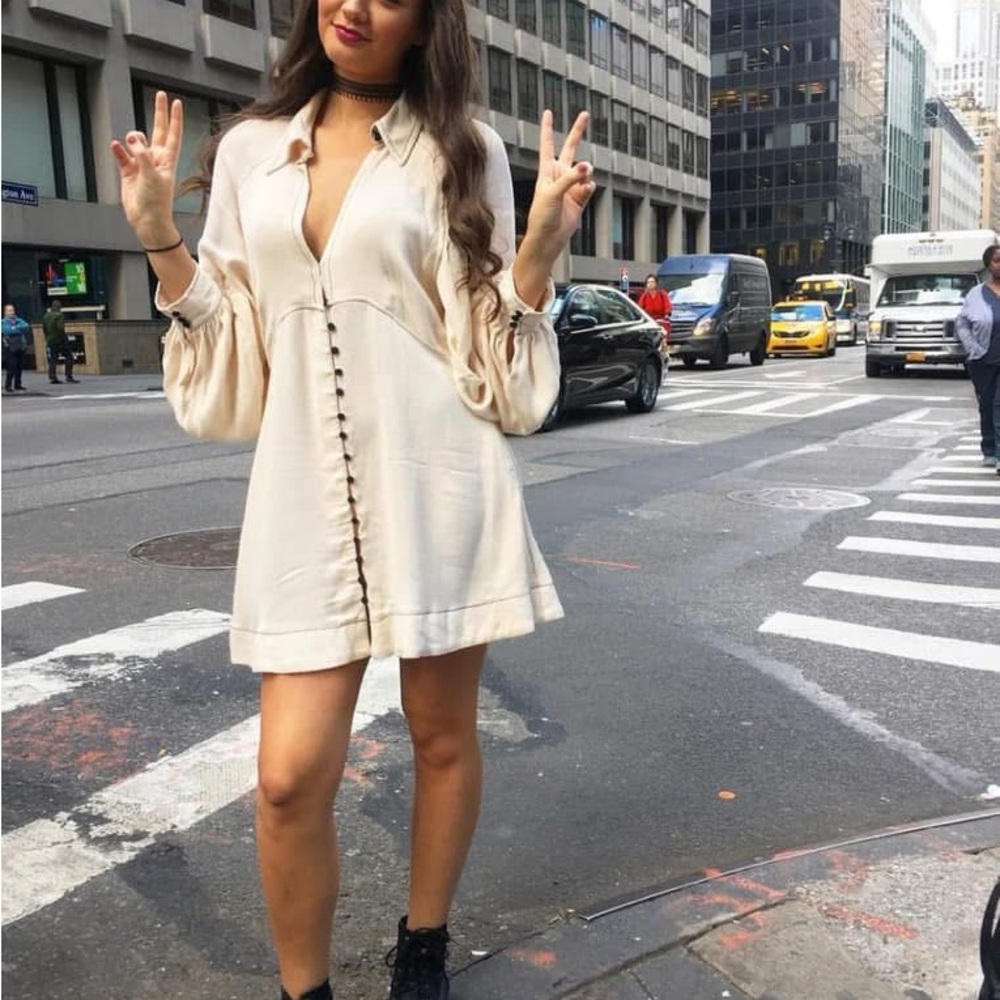 Free People Cream Button-Up Peasant Shirt Dress XS